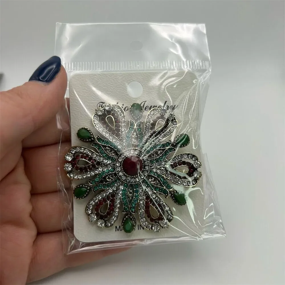 Baroque Flower Red, Green & Clear Rhinestones Round Brooch Sparkle Gold Tone